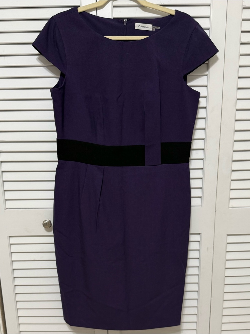Calvin Klein Deep Purple Midi Sheath Dress with Black Waist Detail